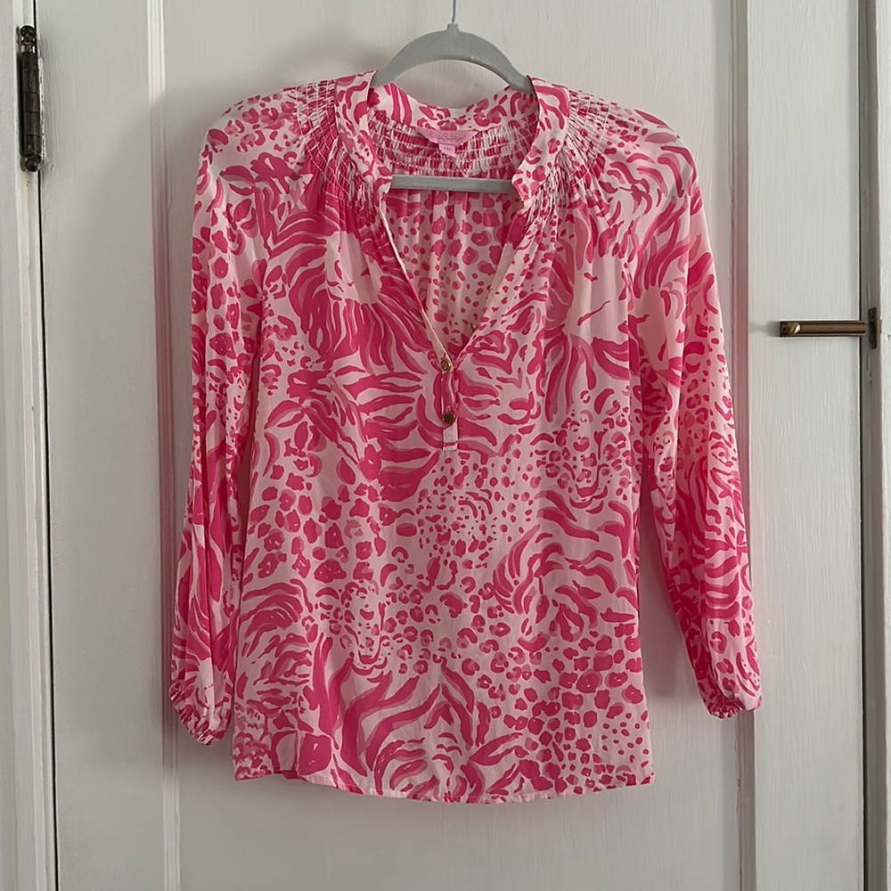 Lilly Pulitzer pink lion print pattern long sleeve shirt